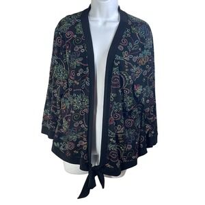 Choices Black Embroidered Tie Front Kimono Cardigan Women's XL vintage